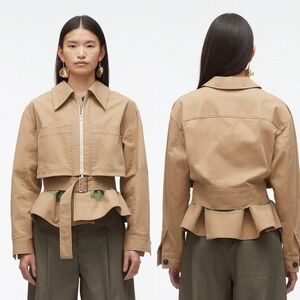 3.1 Phillip Lim Mixed Media Belted Utility Jacket Tan Green Cotton Size M